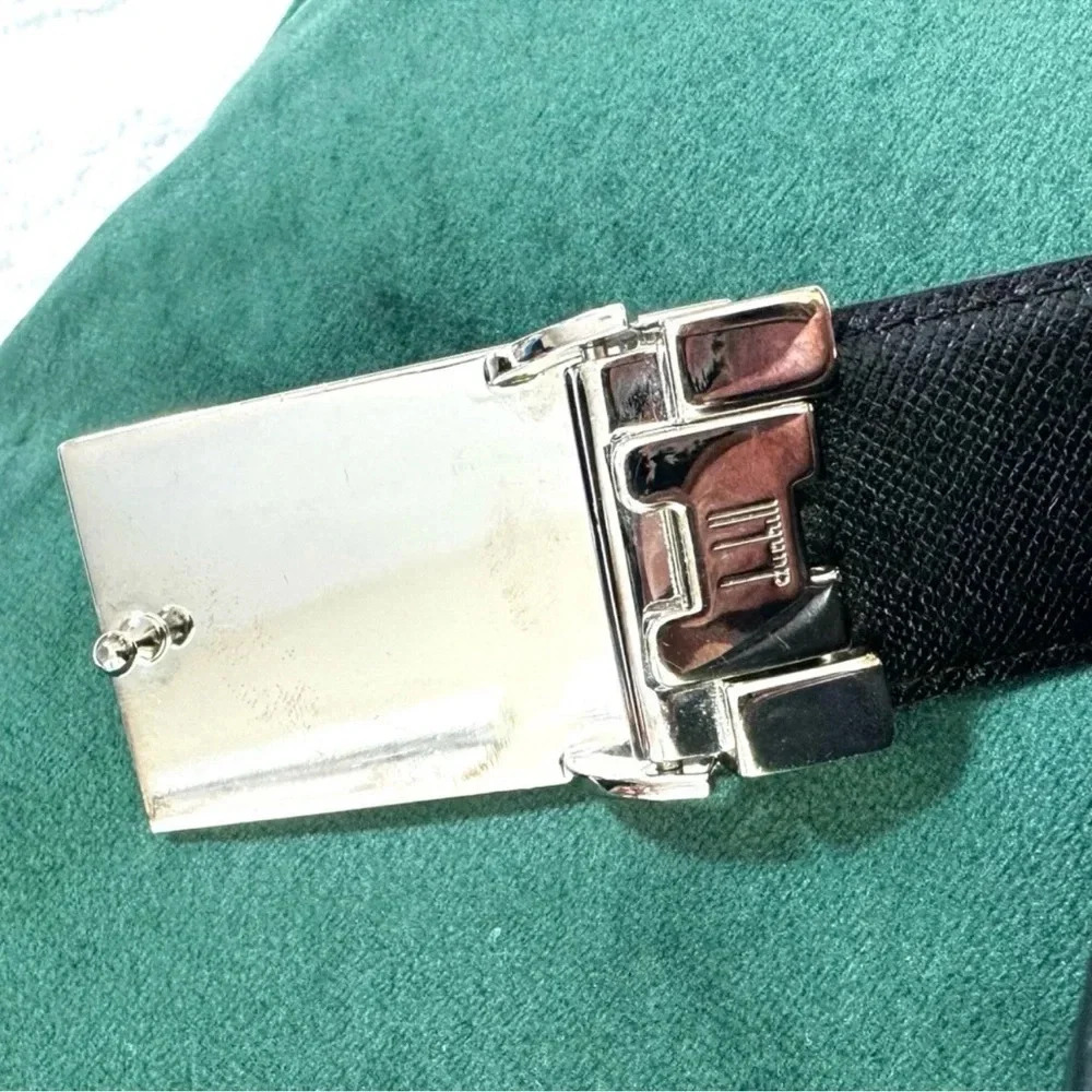 Dunhill Black Leather Belt with Silver Brushed Metal Buckle - Picture 2 of 4
